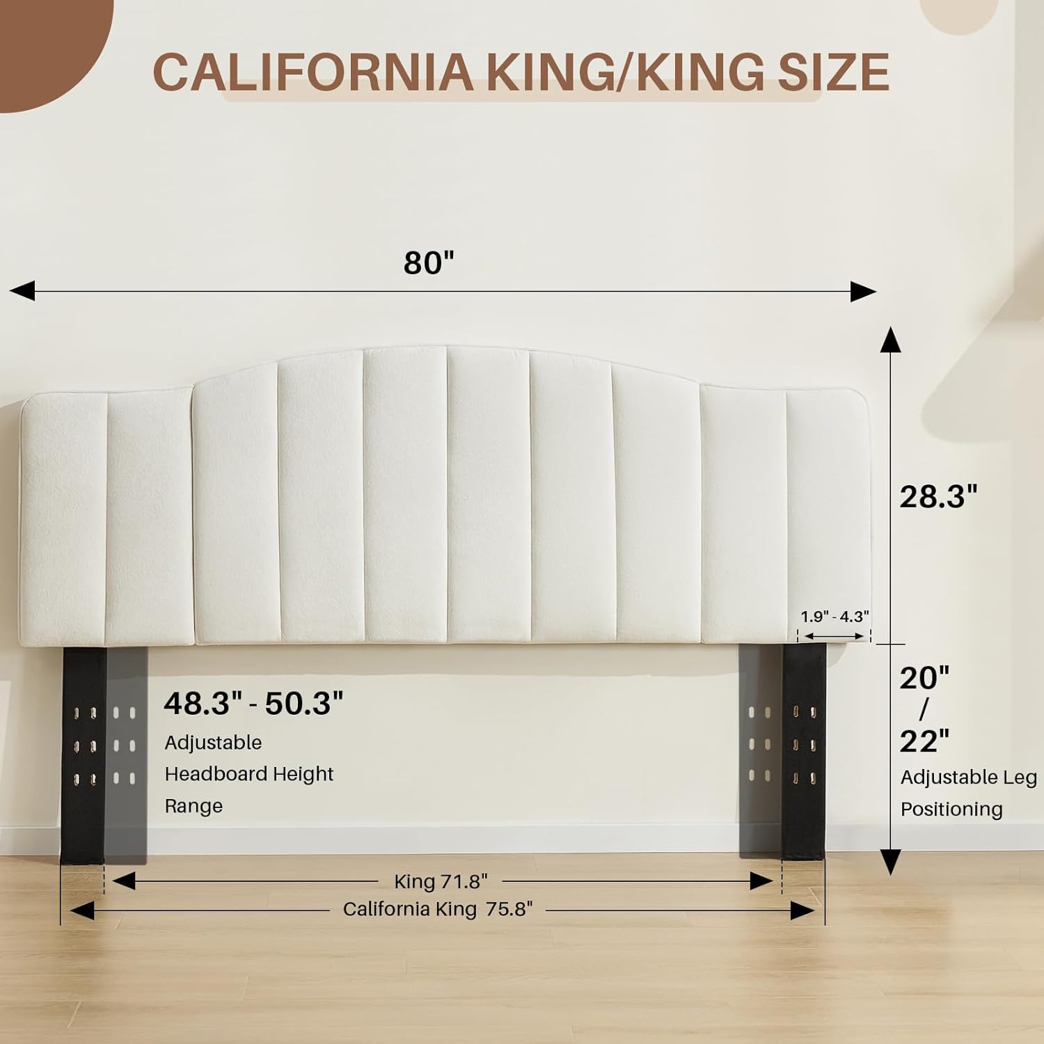 King Size Headboard Only, Upgraded One-Piece Bed Headboards Adjustable Height&Width Upholstered California King Headboard, Modern Vertical Channel Design Lush Velvet Head Board, White
