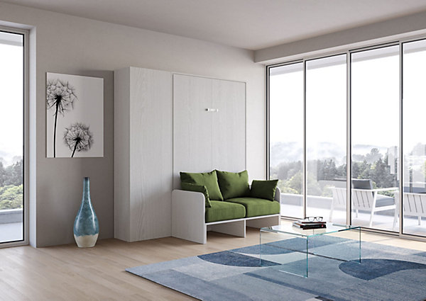 Lit queen-size escamotable Kentaro 120 cm avec canapé et colonne en frêne blanc, vert