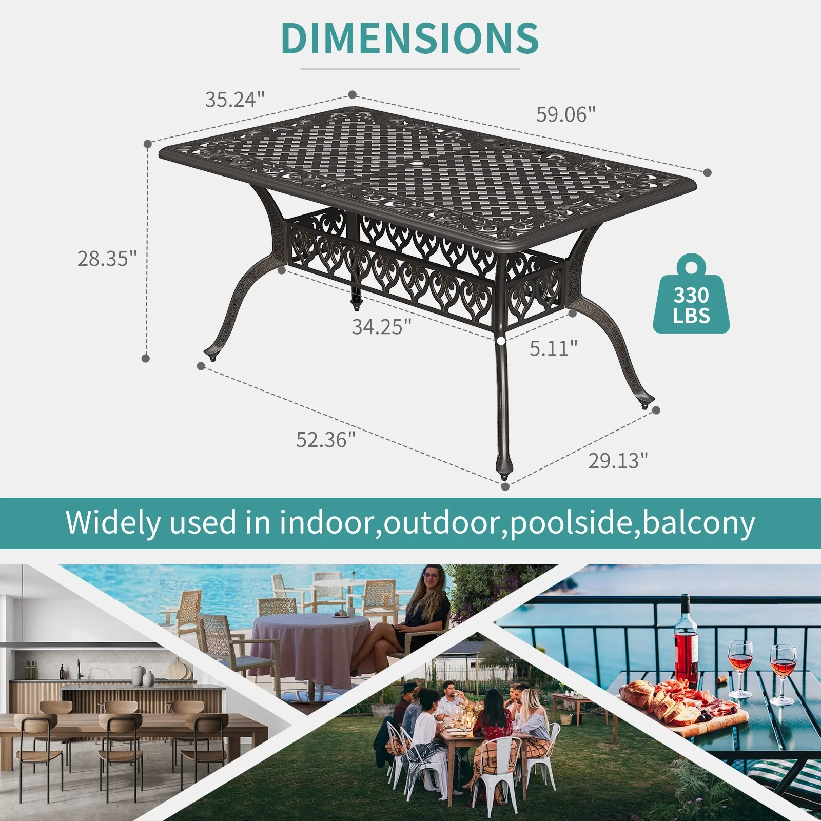 59'' Cast Aluminum Patio Dining Table, Outdoor Rectangular Table with Umbrella Hole & Adjustable Feet