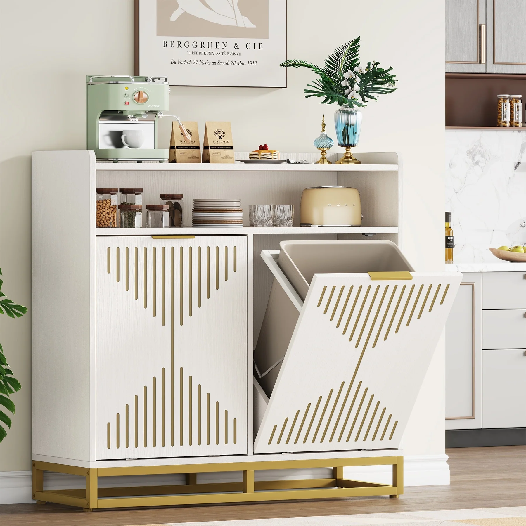 Double Tilt Out Trash Can Cabinet for Kitchen, 10 Gallon Recycling Cabinet