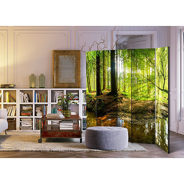 Paravent Décoratif Forêt Lac - Séparateur d'Espace Nature 225 x 172 cm Bronze et Vert