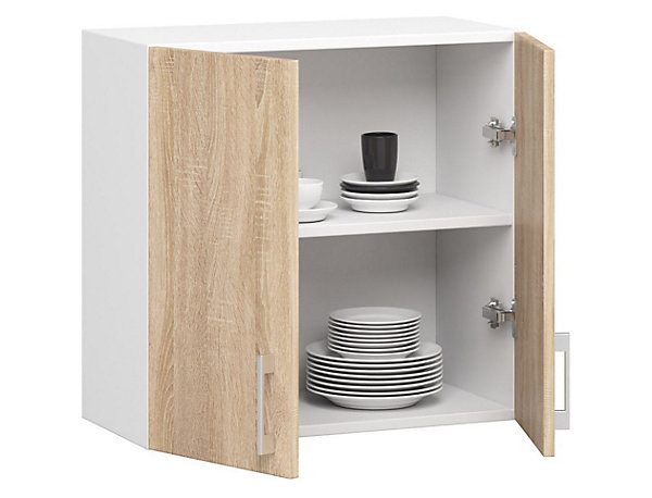 Meuble de cuisine suspendue : 2 portes, 2 étagères, blanc / Chêne Sonoma, 60 x 58 x 30,5 cm