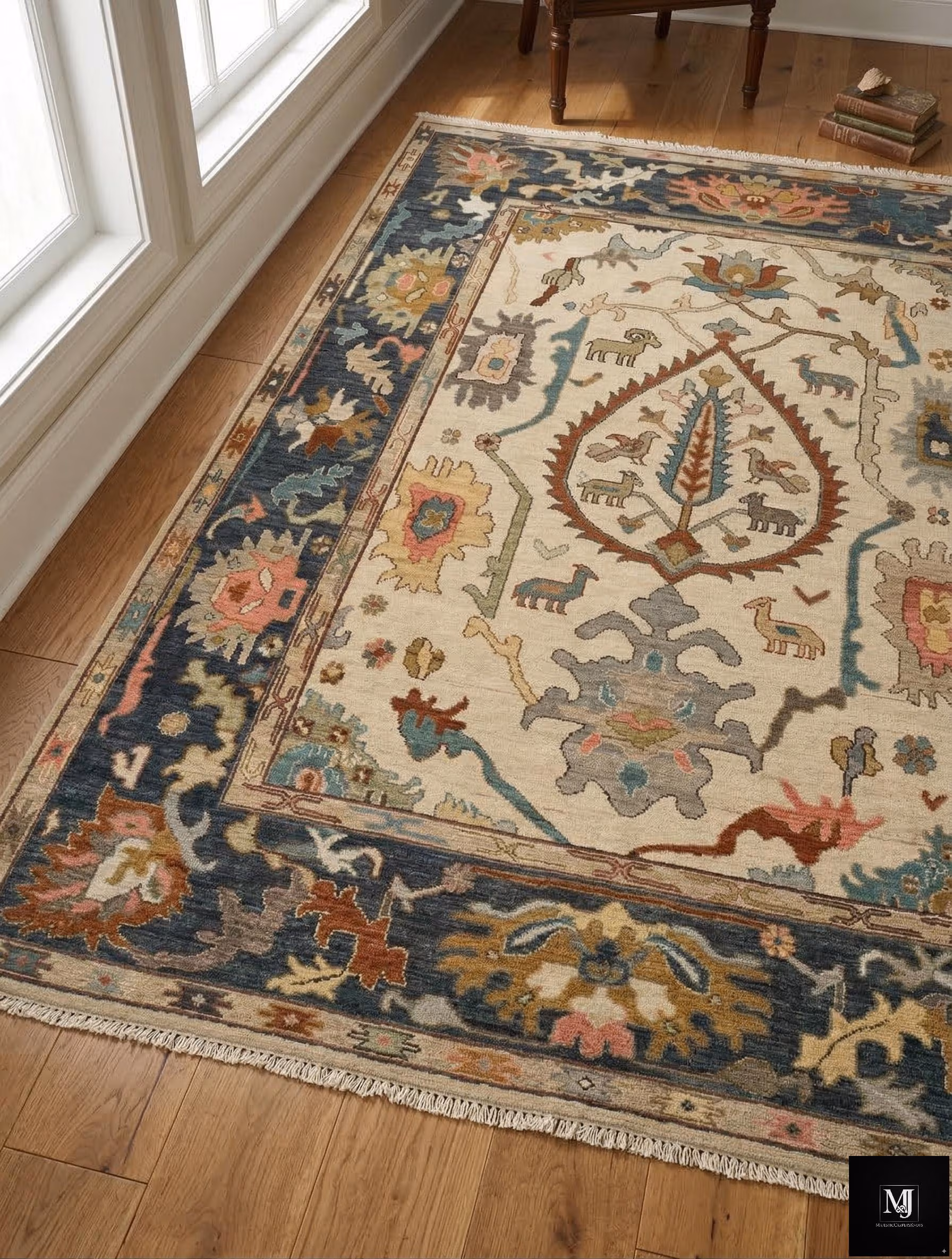 Vintage Oushak Wool Rug | Hand Knotted Ivory Turkish Floral Medallion Carpet