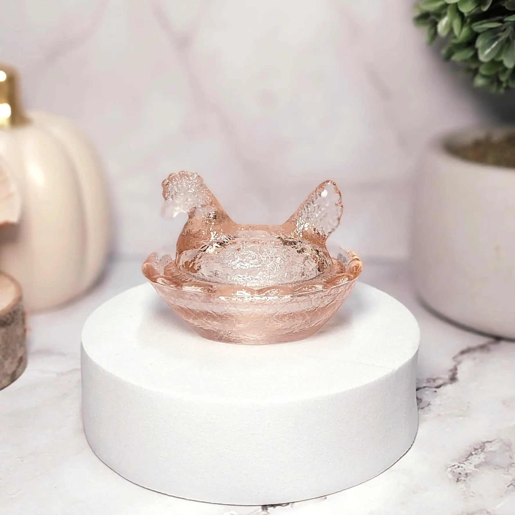 Pink Amber Depression Style Glass Hen on Nest Chicken Salt Cellar Dish, Vintage Style Farmhouse Decor, Covered, Bowl with Lid, Rooster, Farm
