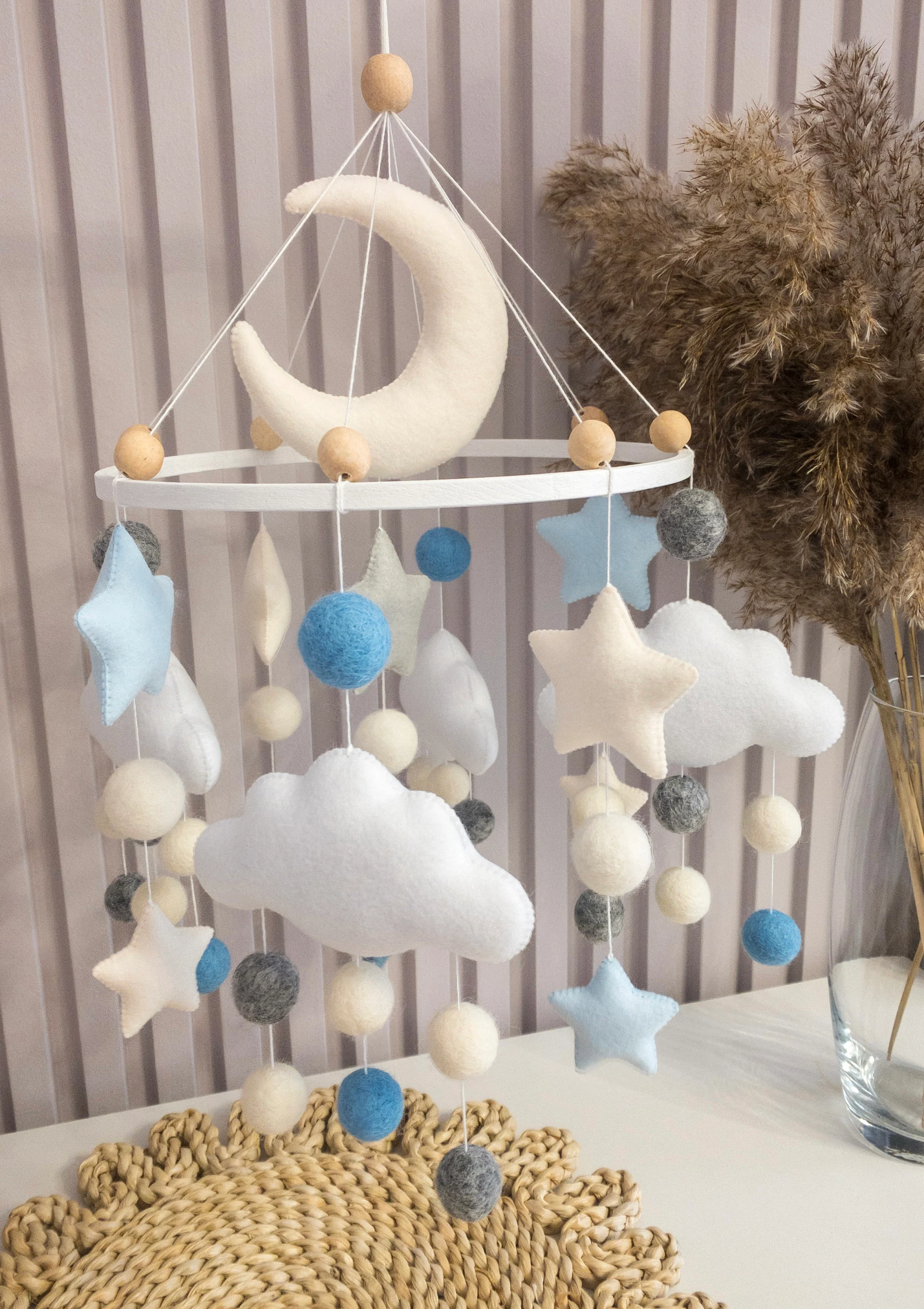 Moon, stars and clouds mobile, Blue baby mobile boy, Minimalist crib mobile, Felt balls mobile, Grey nursery mobile, Baby boy nursery decor