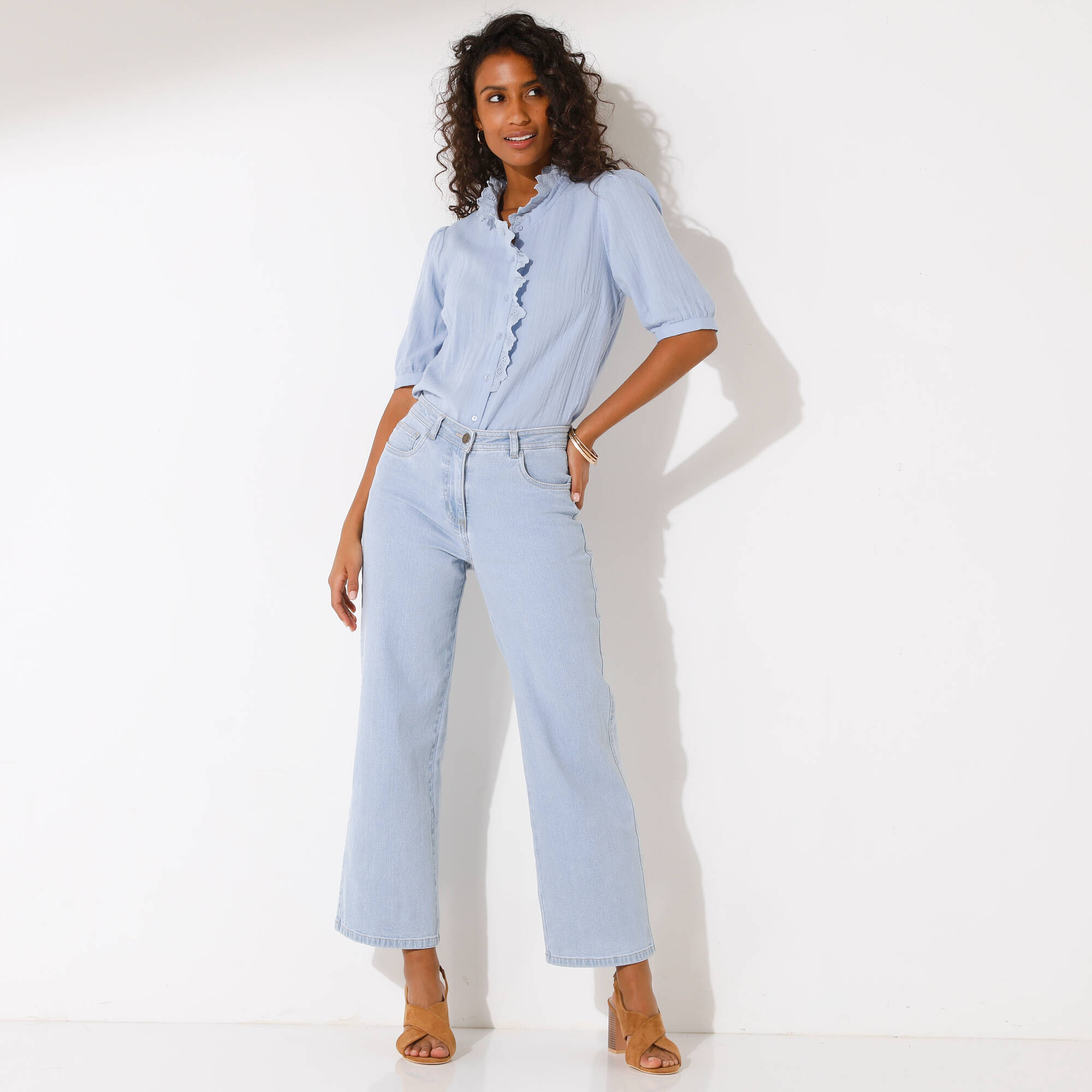 Chemisier manches courtes uni, gaze de coton