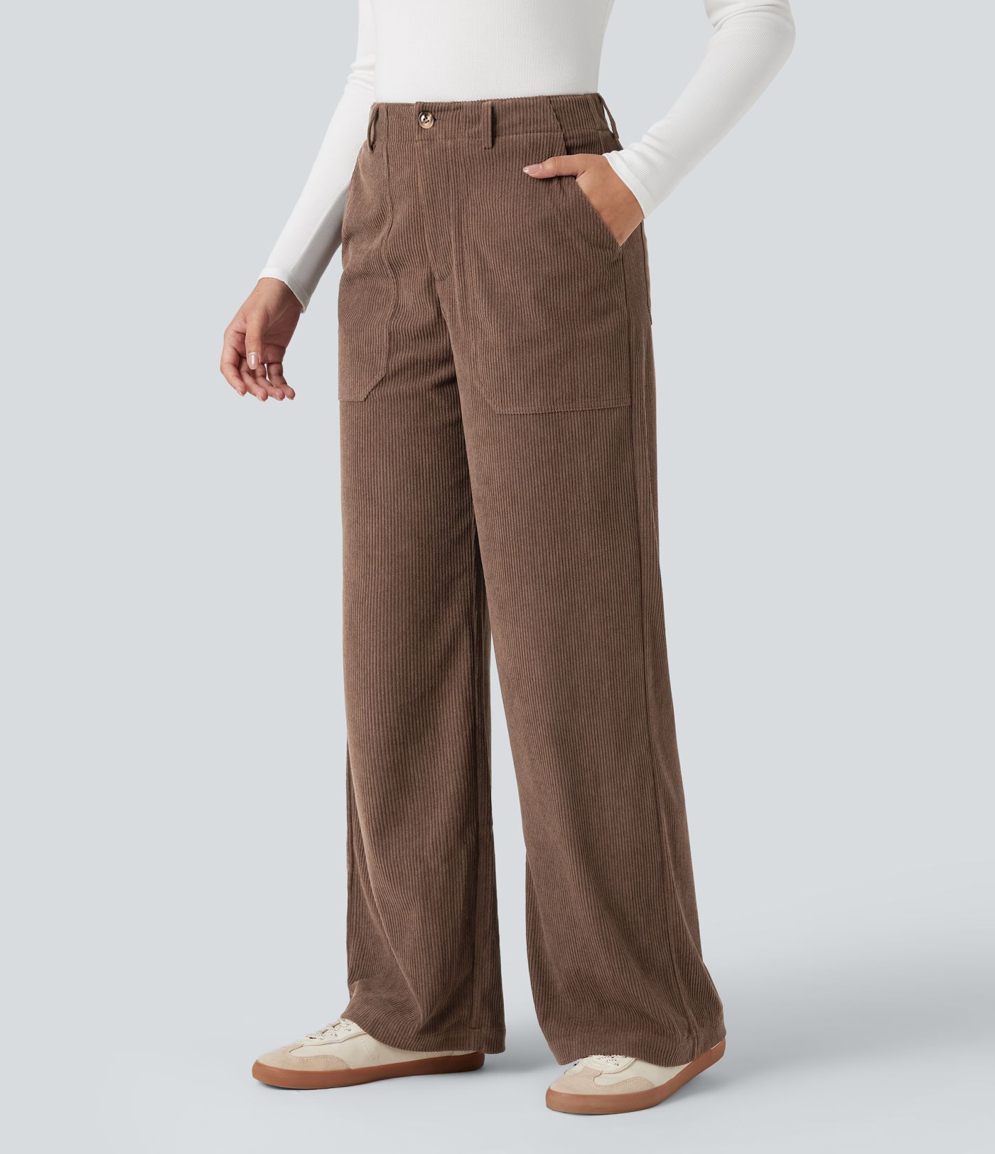 Pantalon décontracté large en velours côtelé, taille haute, avec poches