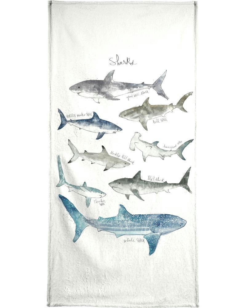 SHARKS - Serviette de bain en éponge-velours en blanc ivoire & bleu 70x140
