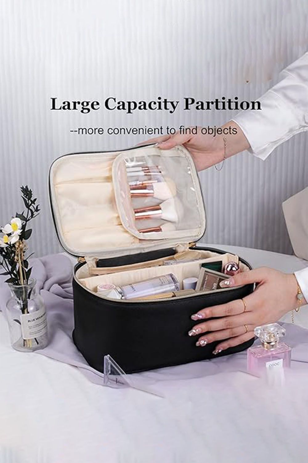 SHEONLY Double Zipper Travel Makeup Bag Travel Portable Cosmetic Bag With Handle and Divider for Women Girls