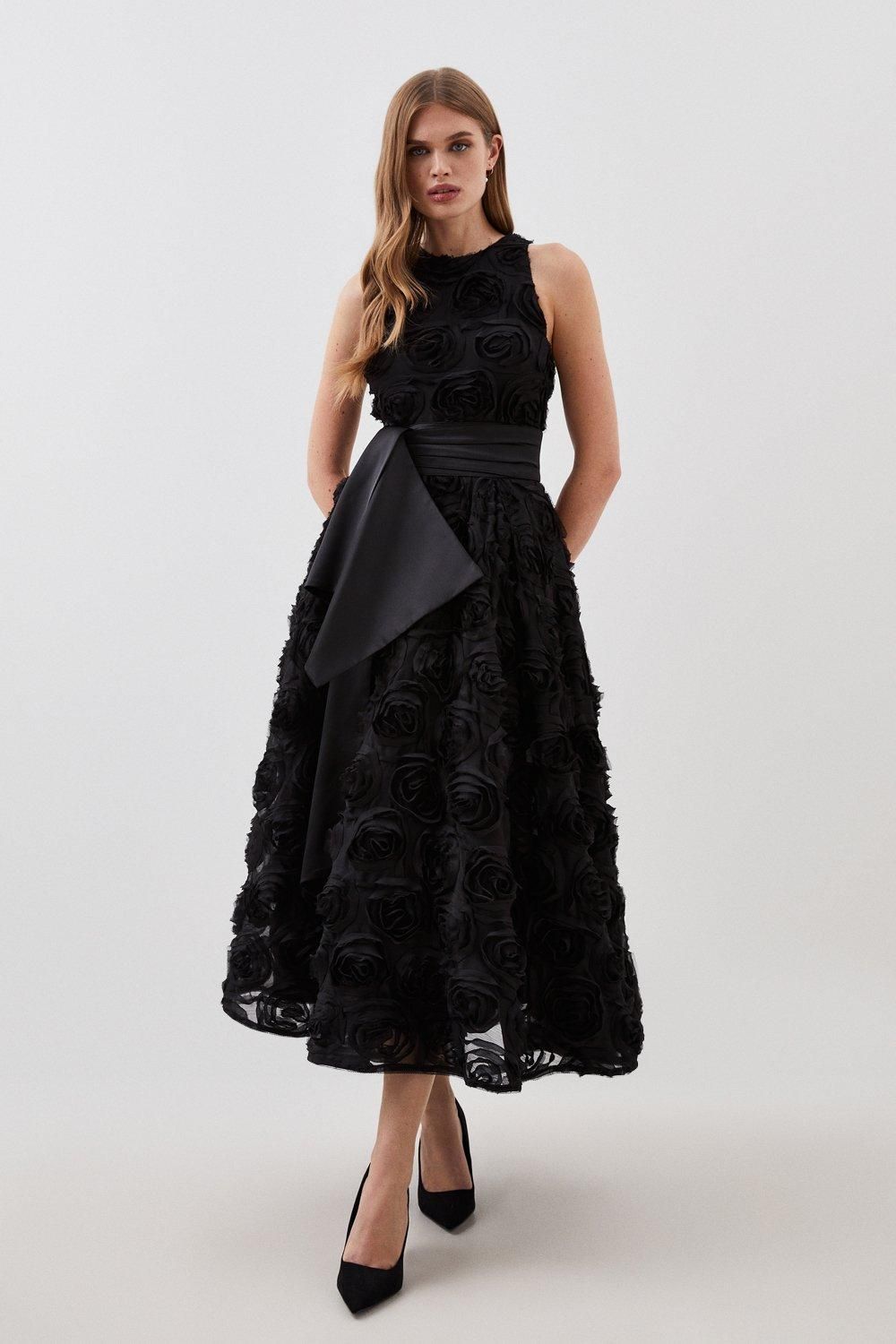 KarenMillen Rosette Tulle Satin Belt Woven Prom Dress
