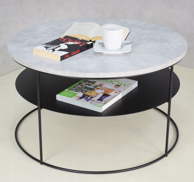 Okrągły Stolik Kawowy z Półką Salon Loft Metal 75x75x43 Czarny Beton Jasny