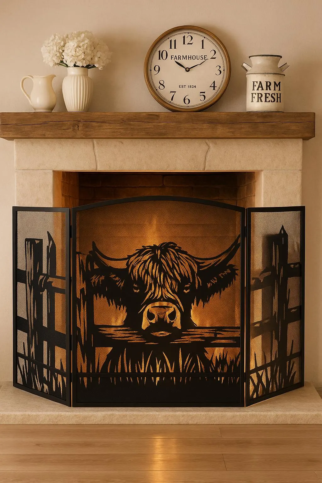 Highland Cow Fireplace Screen – Rustic Farmhouse Mesh 3 Panel – Personalized or Plain – Free Shipping
