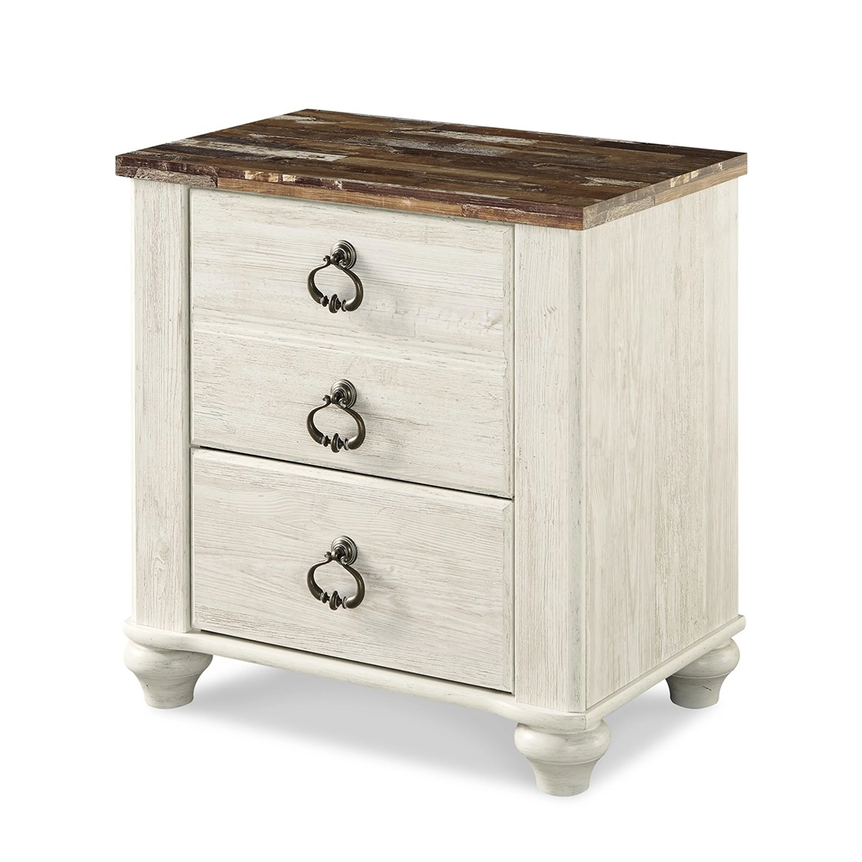Isla Nightstand, 2 Drawers, 2 USB, Brown Wood Top, Rustic Whitewash