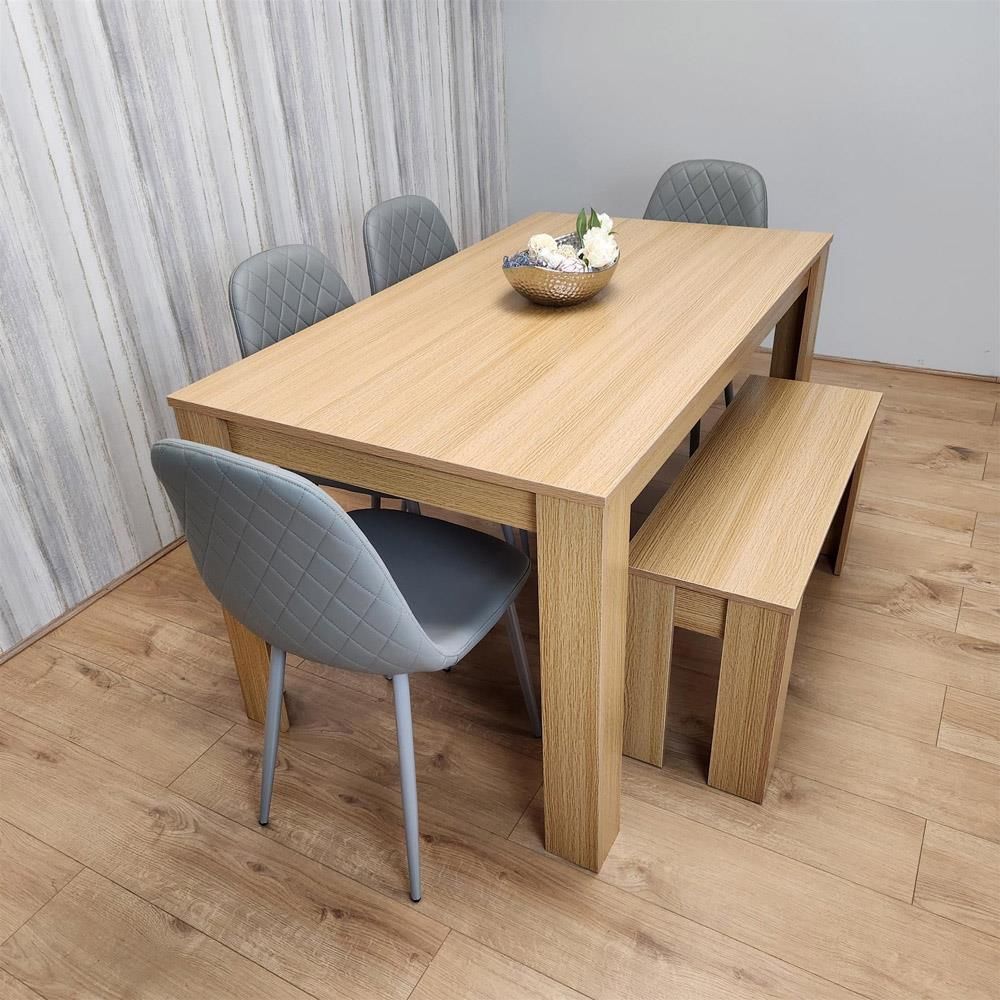 KOSY KOALA 6 Seater Light Wood Dining Table Set 4 Grey Gem Chairs and Bench