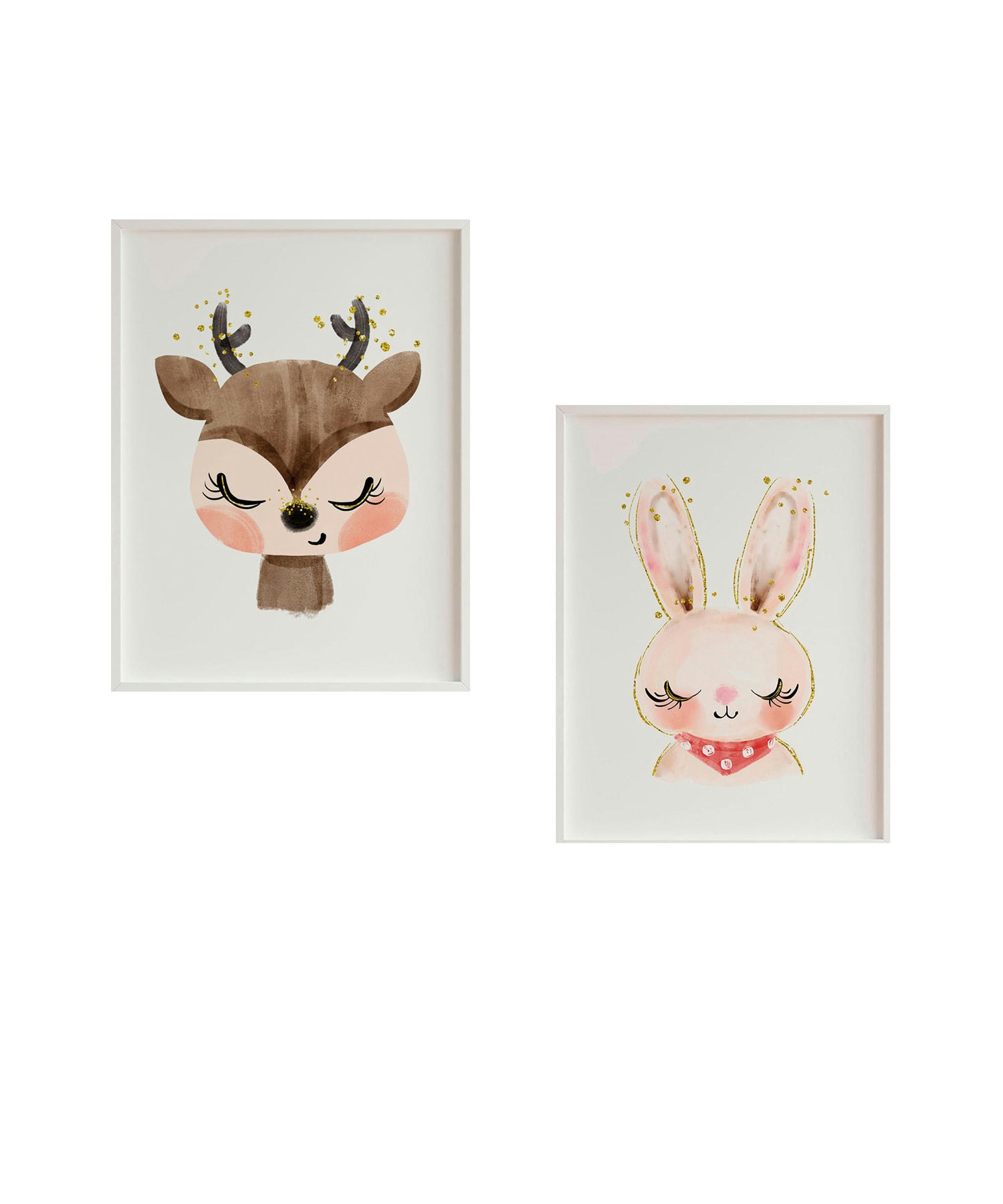 DECOWALL - Pack encadré bois blanc impression le lapin et le cerf 43X33 cm