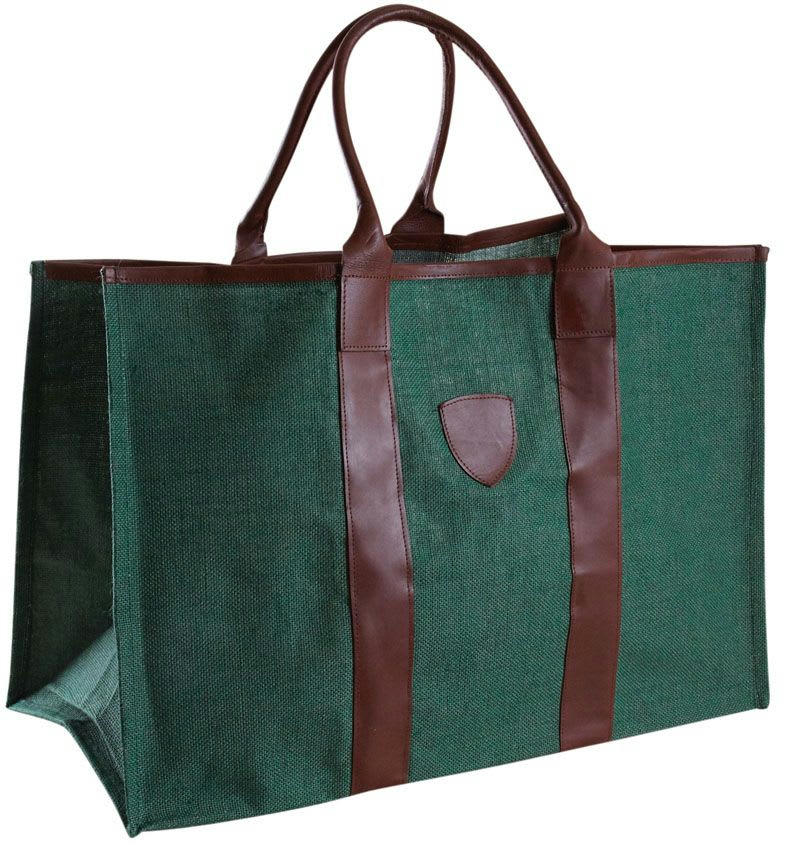 - Sac à bûches en jute vert et cuir