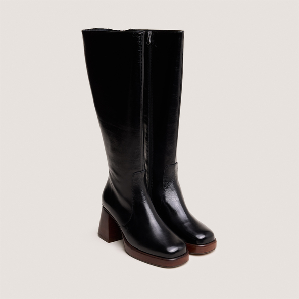 Bottes à plateformesen cuir vieilli noir taille mollet M | BETINA