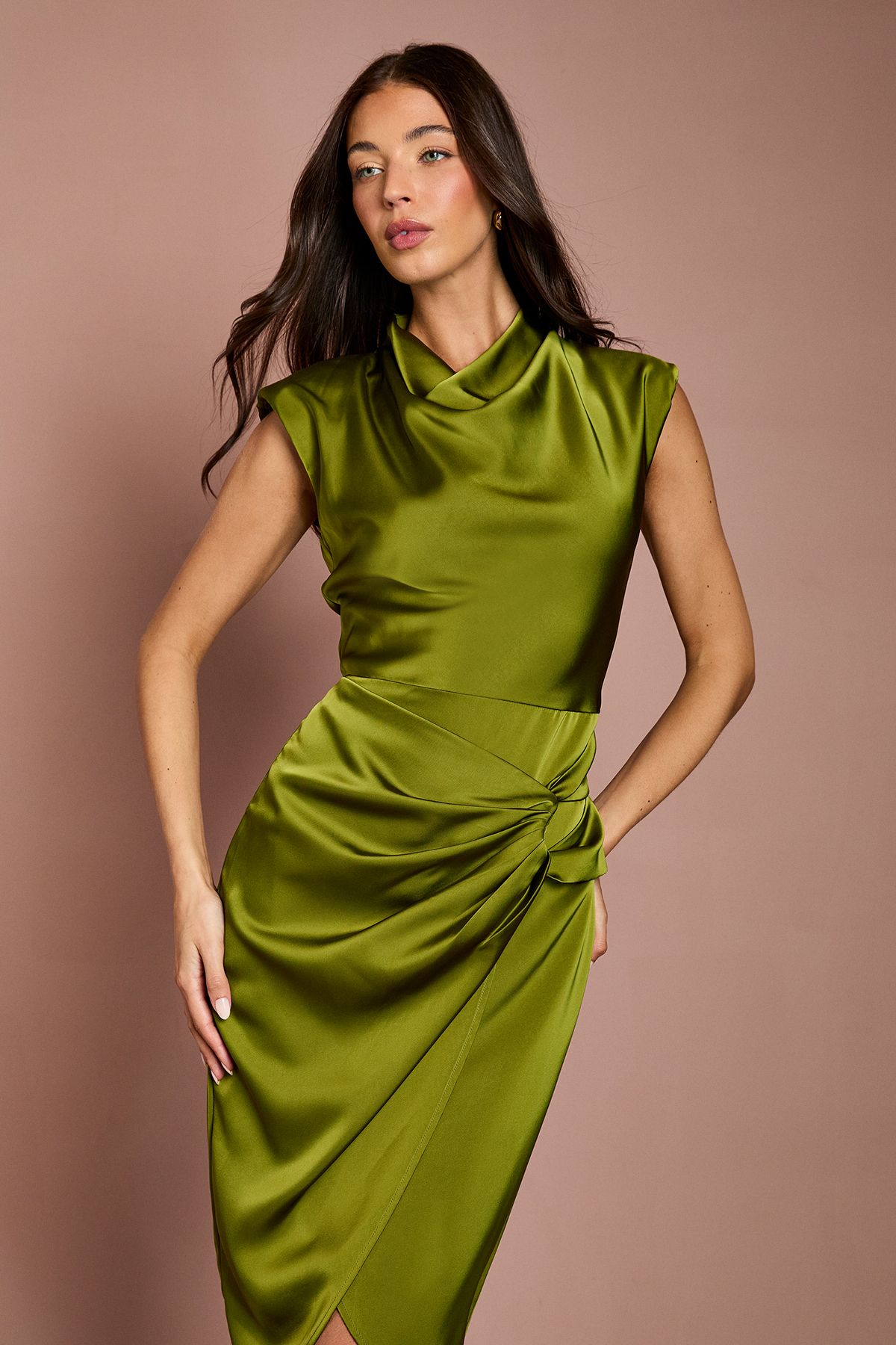 Coast Satin Cowl Neck Ruched Detail Midi Dress