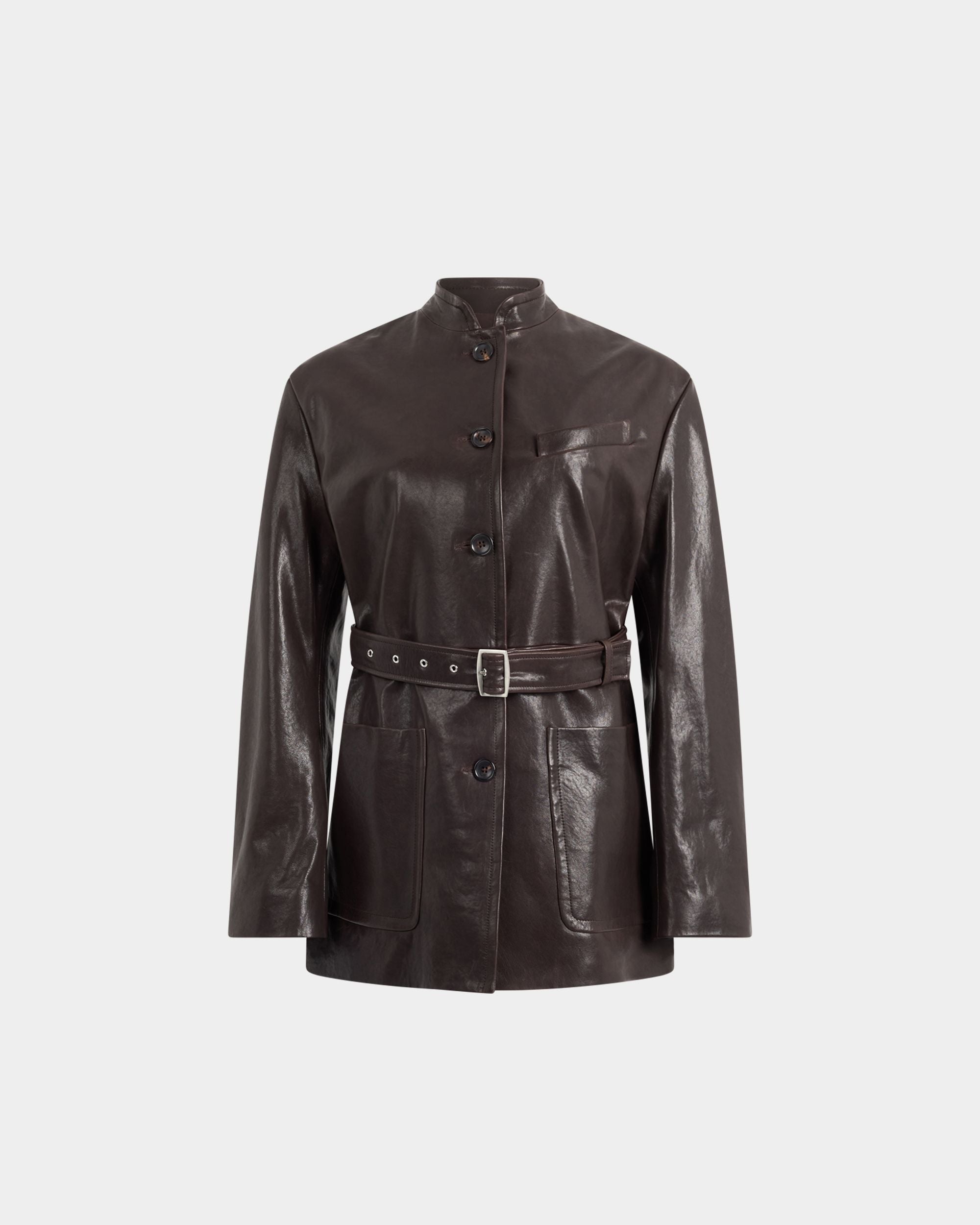 Jacke mit Gürtel aus Leder in Braun