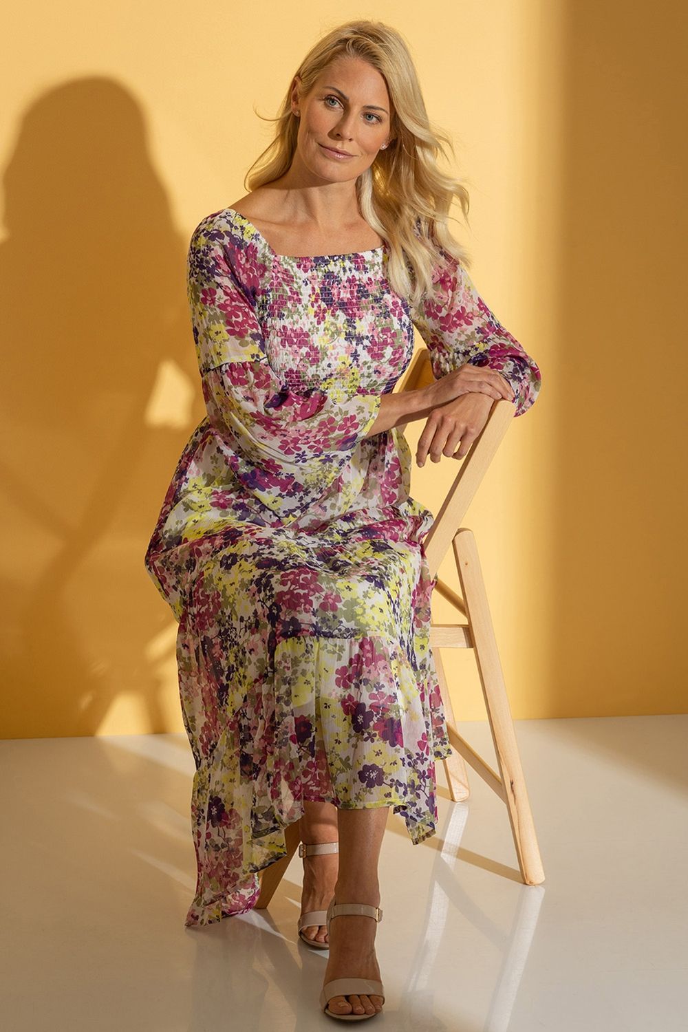 Klass. Fluted Sleeve Floral Chiffon Midaxi Dress