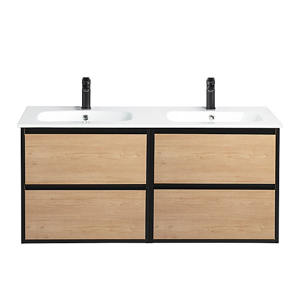 Pack Meuble prémonté 120 bois détail noir-Vasque céramique-Robinets noir-Miroirs JOY - bain-bain