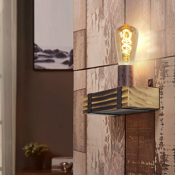 Nettlife Applique murale vintage E27, bois, 23cm, design industriel, max 40W, pour couloir/salon