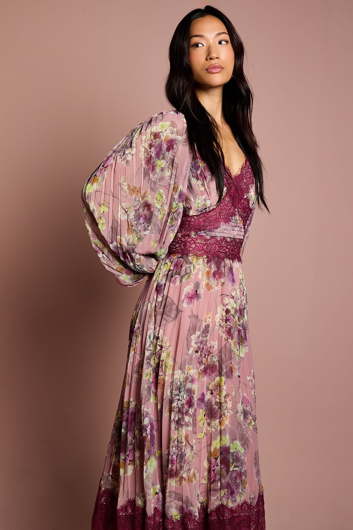 Coast Long Sleeve Pleated Lace Trim Midaxi Dress