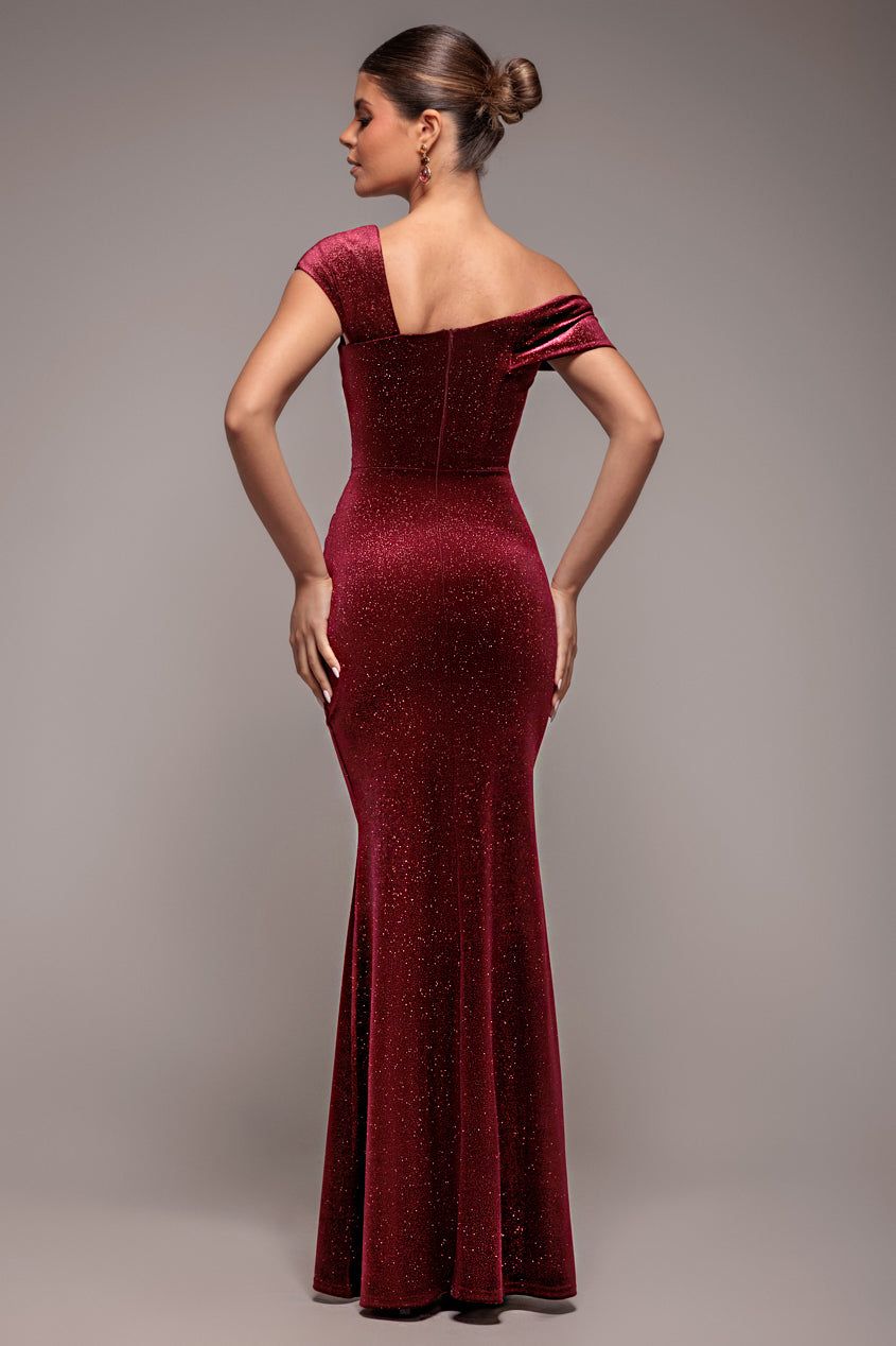 Goddiva Glitter Velvet One Shoulder Maxi Dress