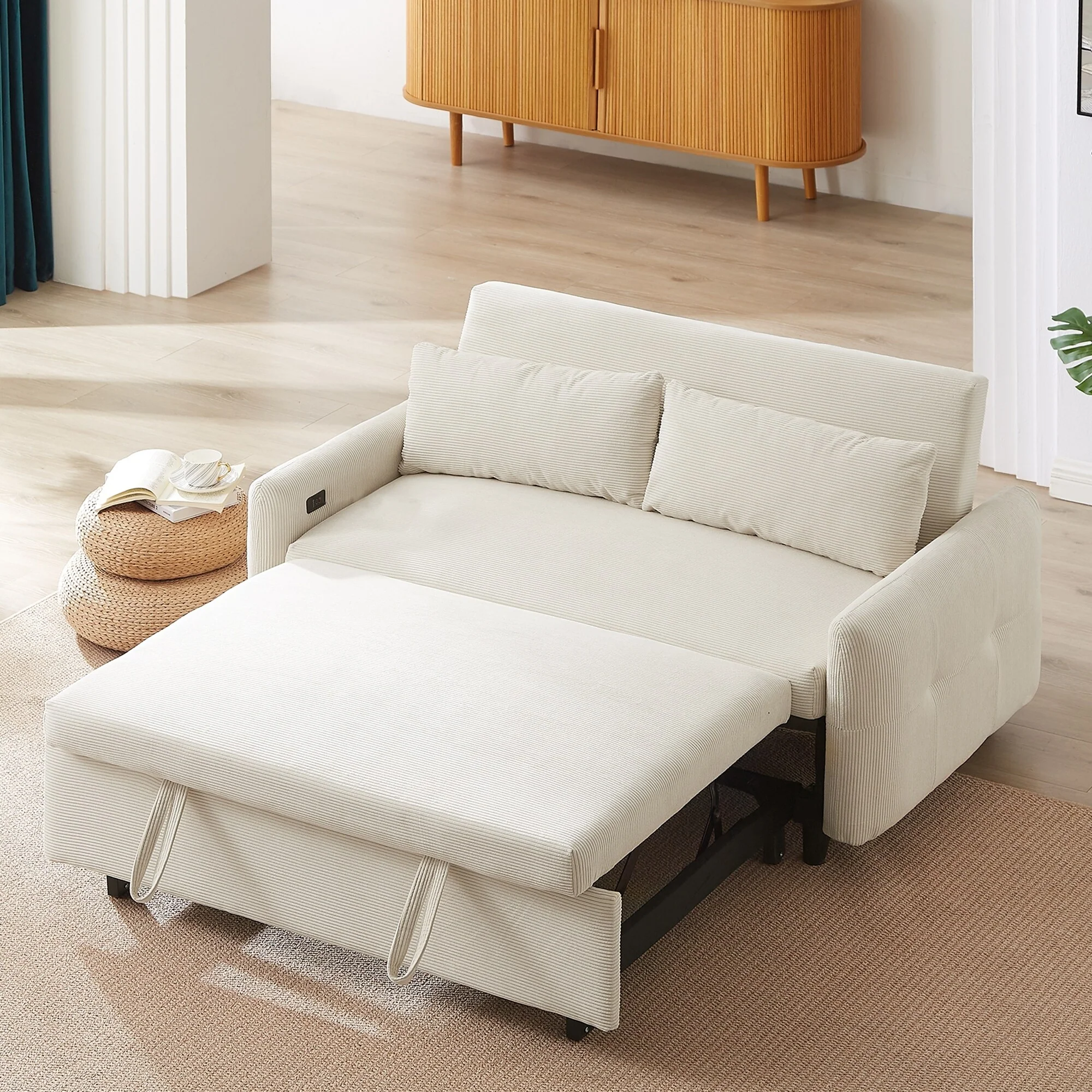 57.48 Modern Sleeper Loveseat, USB Ports and 2 Pillows Included