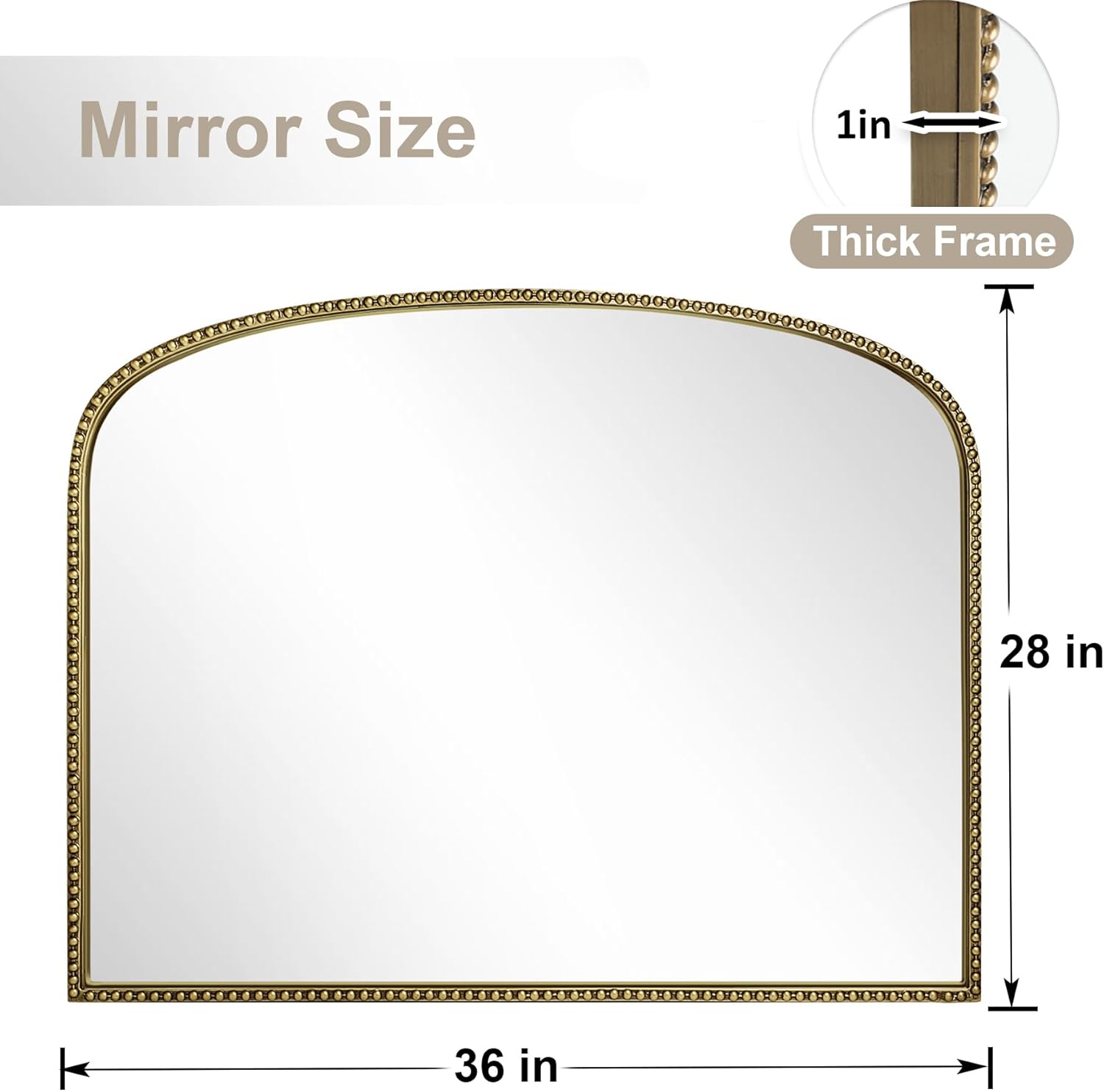 36X28 Arched Mirror,Metal Beaded Frame Mirror for Wall,Ornate High-Definition Mirrors,Fit for Fireplace, Living Room,Hallway,Bathroom,Antique Gold