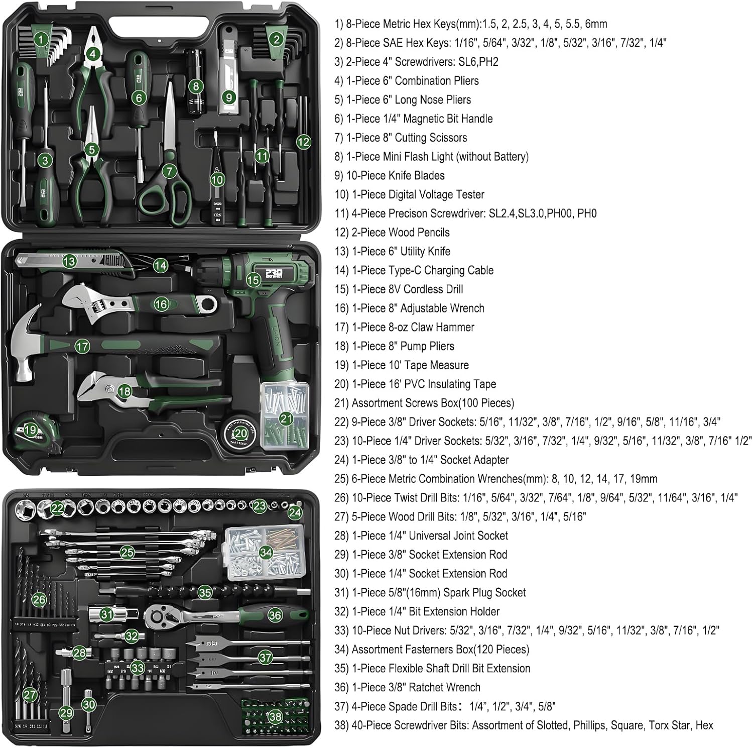 Prostormer Tool Set with 8V Cordless Drill, 369-Piece Home Tool Kit with Drill Driver, Toolbox Storage Case with Drawer, General Household Tools for Home Repairs and DIY, Handyman (Green)