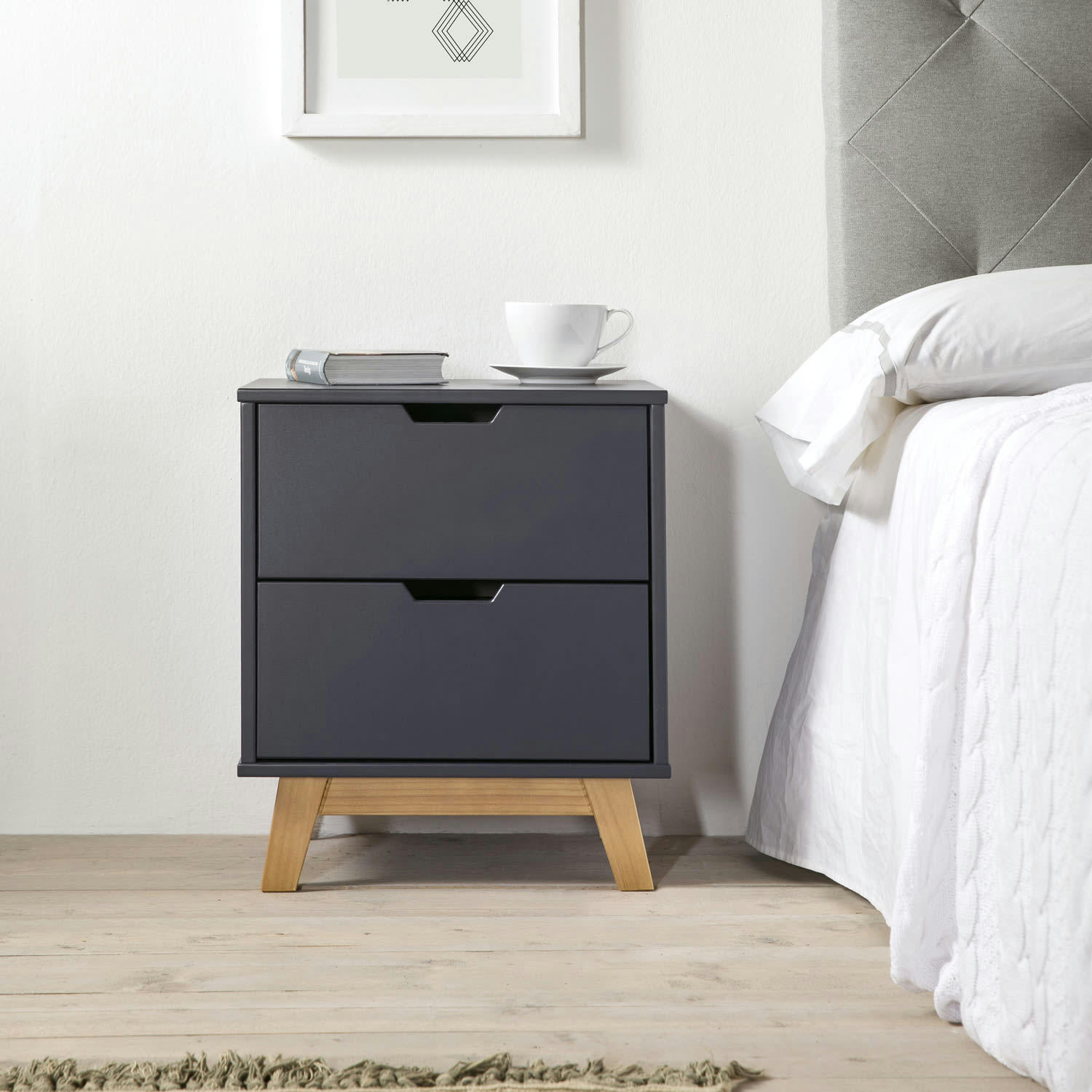 MIRANDA - Table de chevet 2 tiroirs gris, mdf laqué, gris anthracite