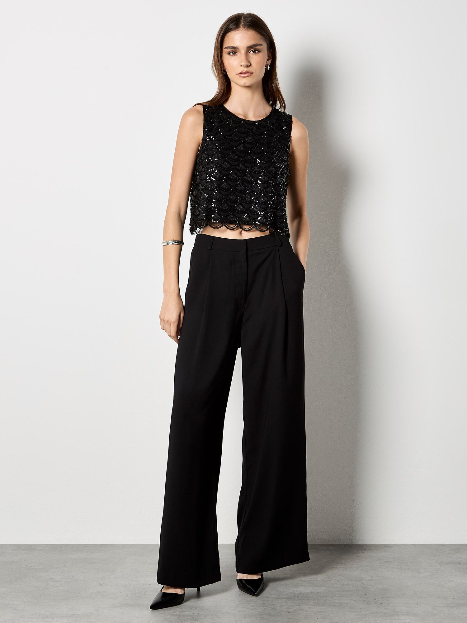 Apricot Scallop Sequin Crop Top