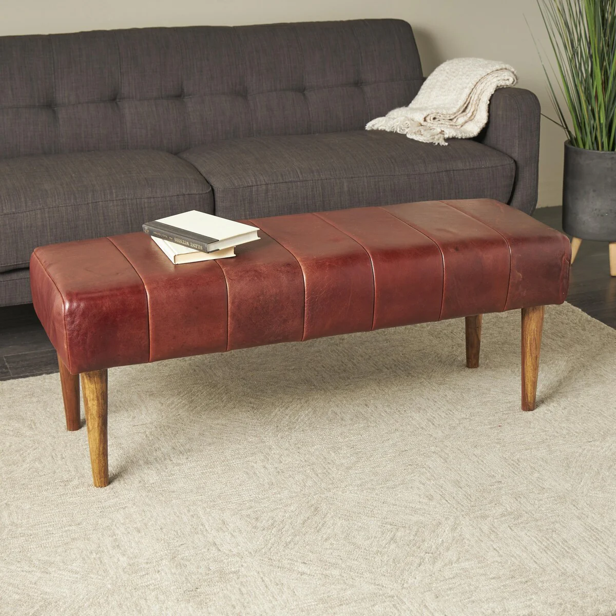 Leather Upholstered Home Bench with Wooden Legs - Brown - Roche River Decor