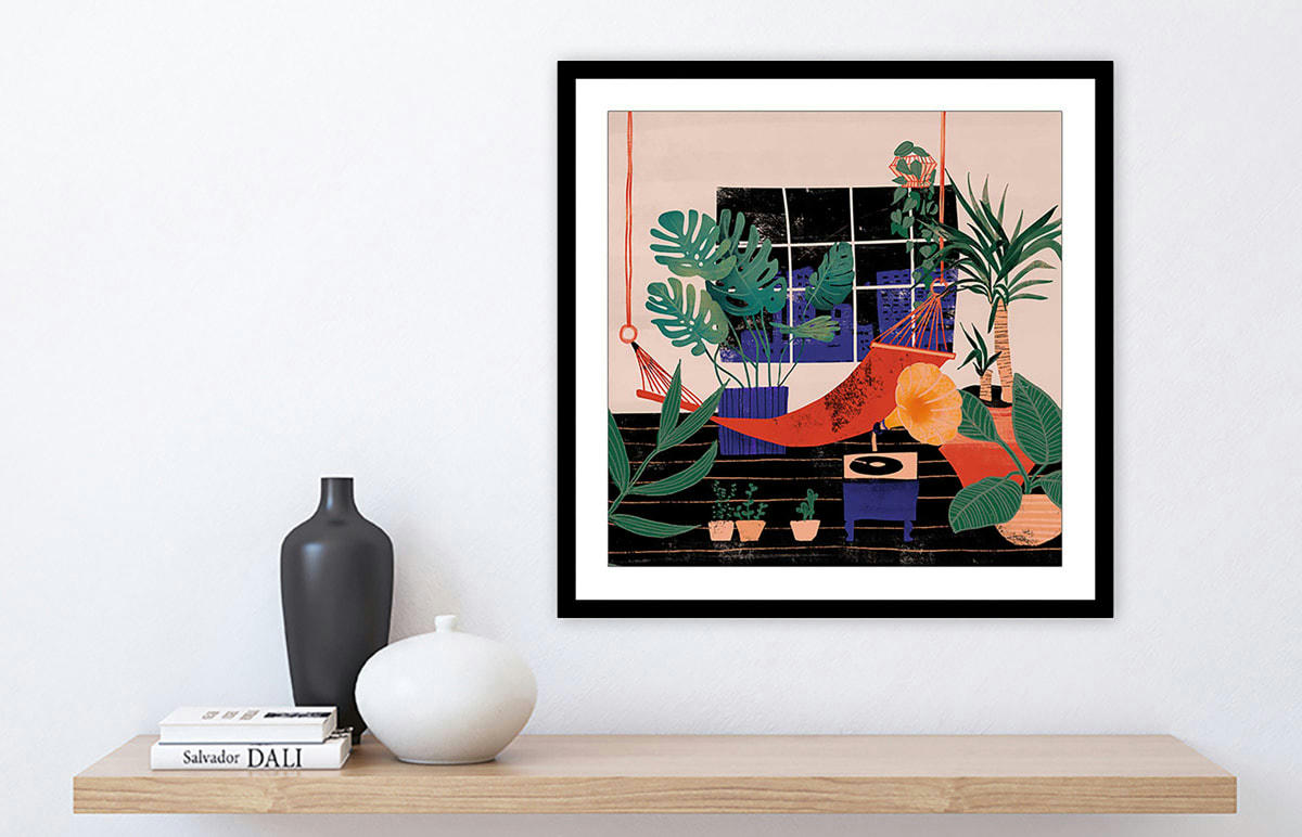 - Affiche illustration chill tropical avec cadre noir  50x50cm
