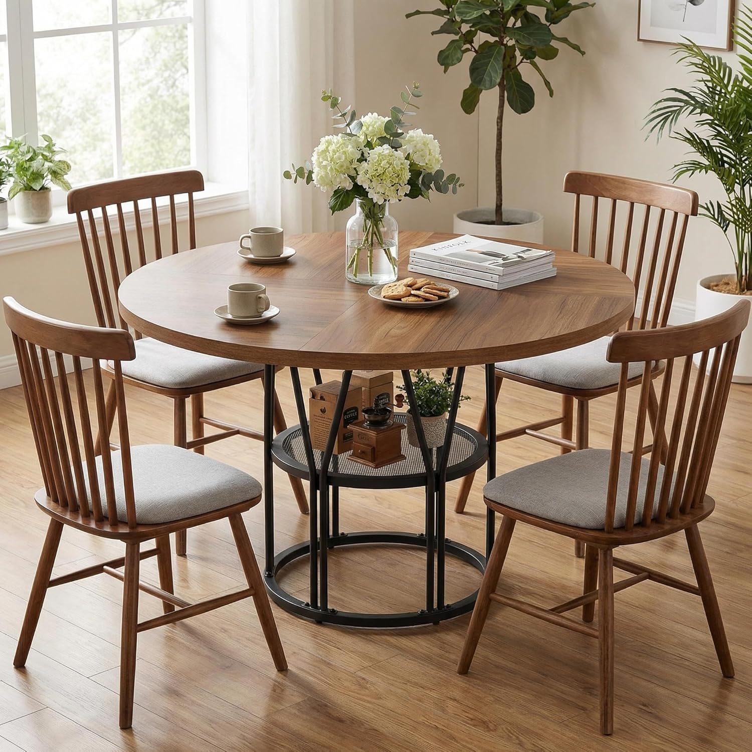 Garvee Round Dinning Table for 4-6 - 47 Circle Dinner Table with Storage Shelf & Sturdy Metal Frame, Modern Breakfast Tea Tray for Kitchen, Living Room, Apartment, Office, Brown