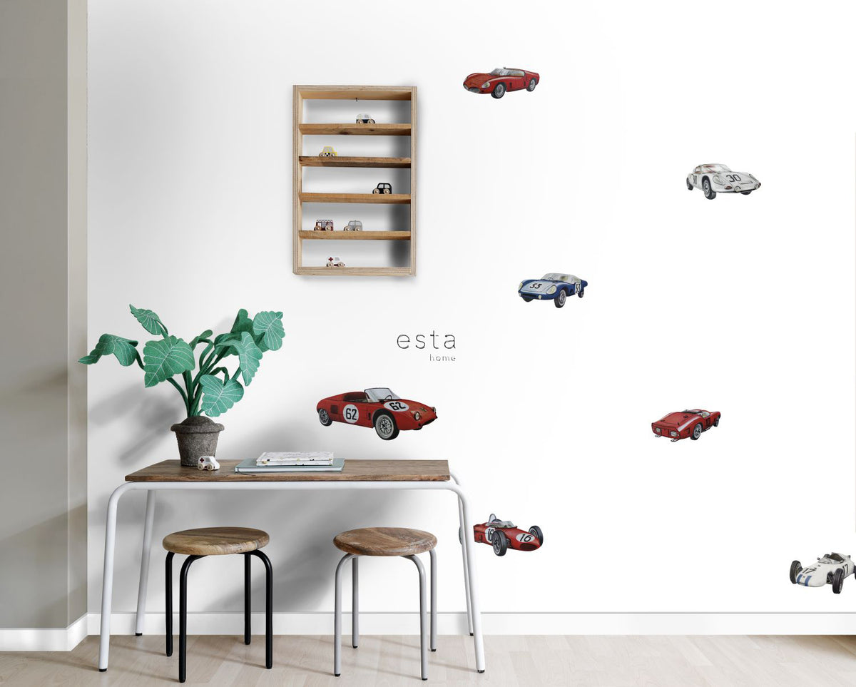 ESTAhome muursticker sportauto's rood, wit en blauw - 47.5 x 66 cm - 156108