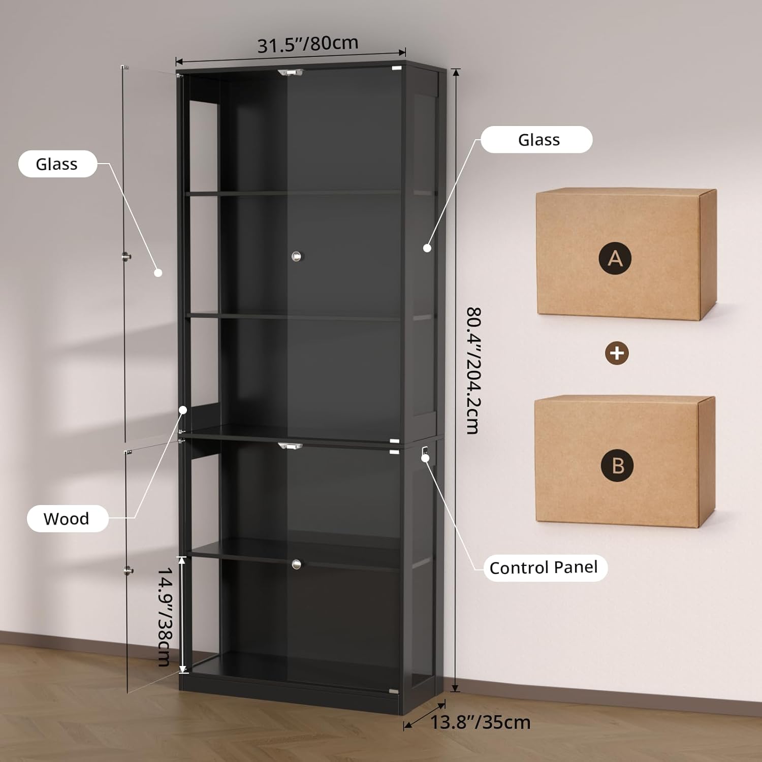 VOWNER 80'' Display Cabinet with Glass Door, 5-Tier Curio Cabinet for Collectibles Trophy, Glass Display Case with Human Body Sensor, 3 Color Lights, Bookcase Storage Cabinets for Living Room, Study