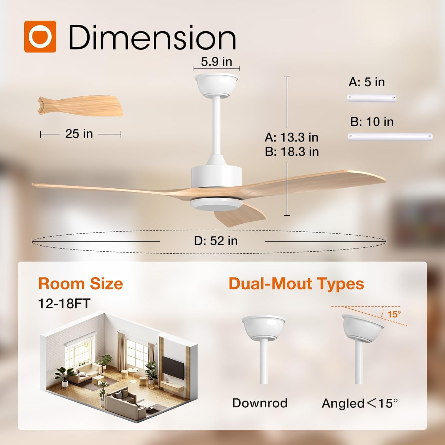 addlon 2 Pack 52 inch Ceiling Fan No Light, White Ceiling Fans with Remote Control, Reversible, 3 Wood Blades, 6 Speeds, Noiseless, Wood Ceiling Fan without Light for Indoor/Outdoor Use