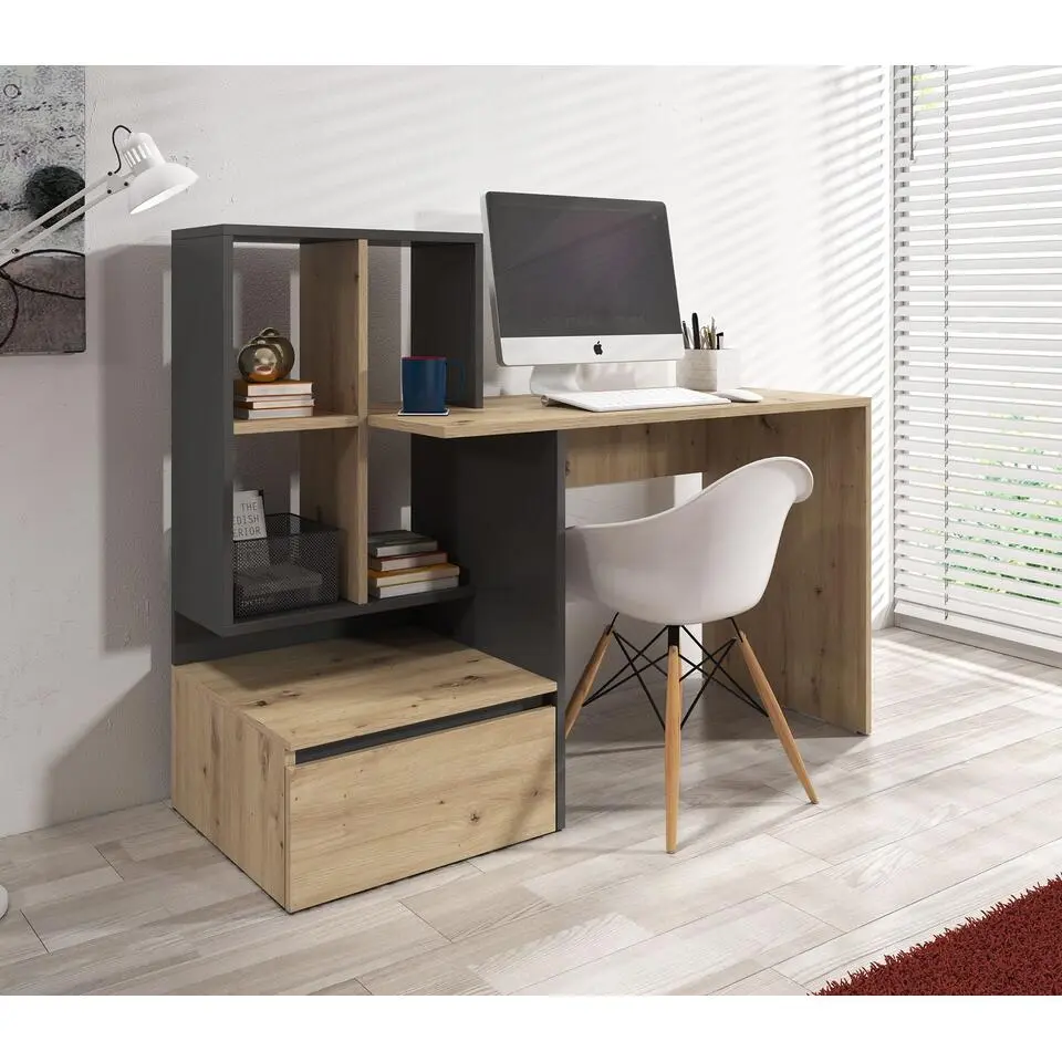 Meubella - Bureau Pierre 2 - Eiken - Antraciet - 145 cm