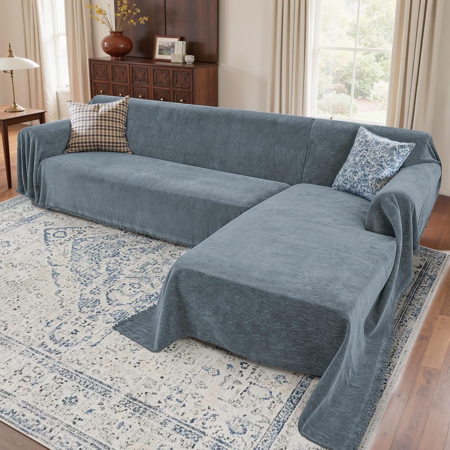 Sectional Couch Covers, 2 Pieces Washable L Shaped Couch Covers Sofa Blanket for Dogs Pet Friendly Sectional Sofa Slipcovers Furniture Covers,71x 118+ 71x 118,(XX-Large,Dusty Blue)