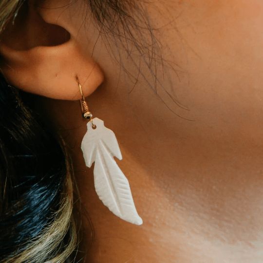 The Colourful Aura Long Tree Leaf Shell White Drop Hook Earring