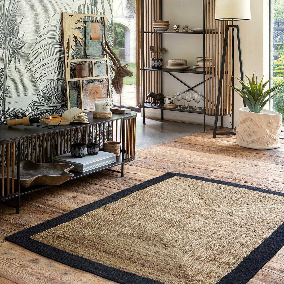 Rug, jute with black edge Jute, Black, 120x170 cm