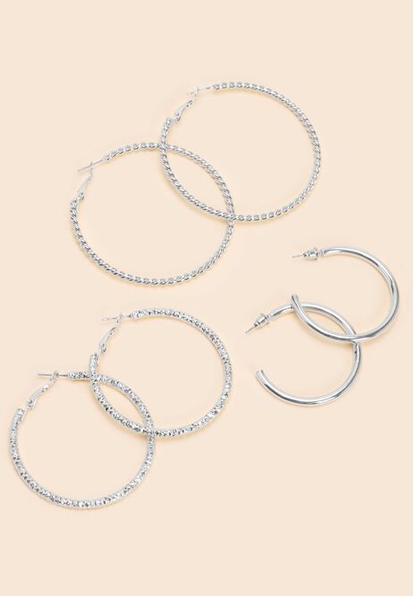 Womens 3 Pack Silver Various Hoop Earrings