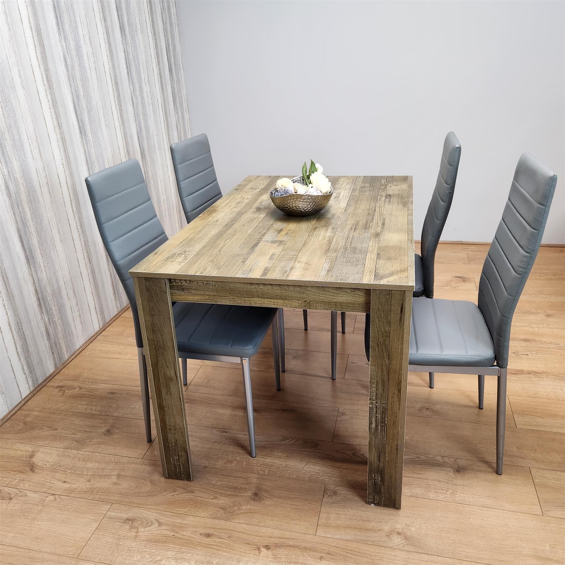 KOSY KOALA Rustic Effect Wood Dining Table Set with 4 Grey Faux Leather Chairs  Modern Dining Room Furniture