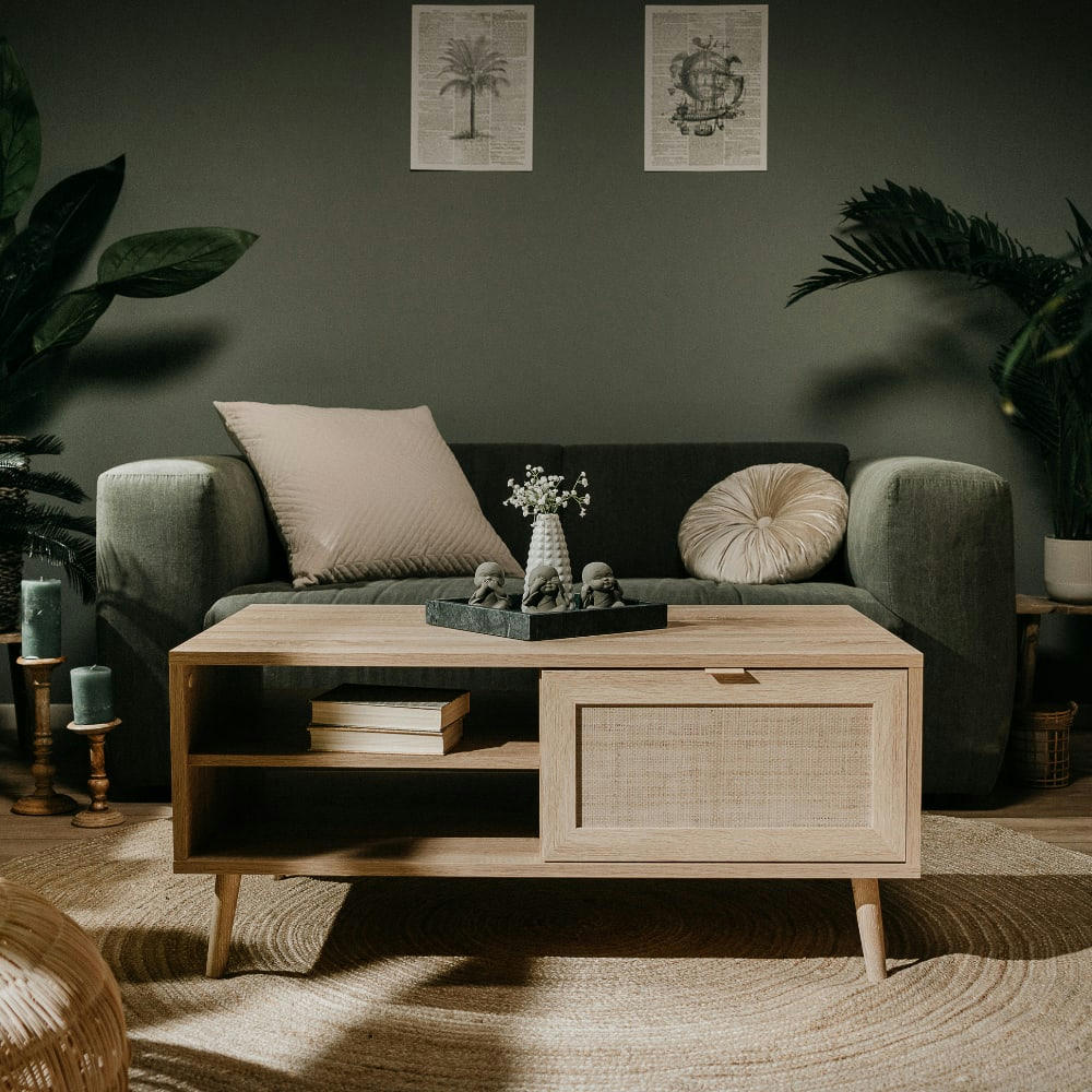 TIVAT - Table basse en bois avec rangement effet cannage