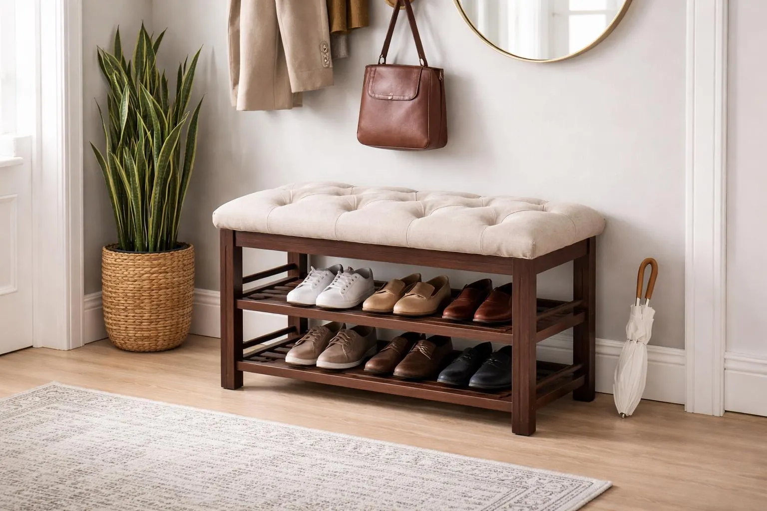 Solid Alder Wood Shoe Bench with Tufted Seat – Entryway Storage Furniture