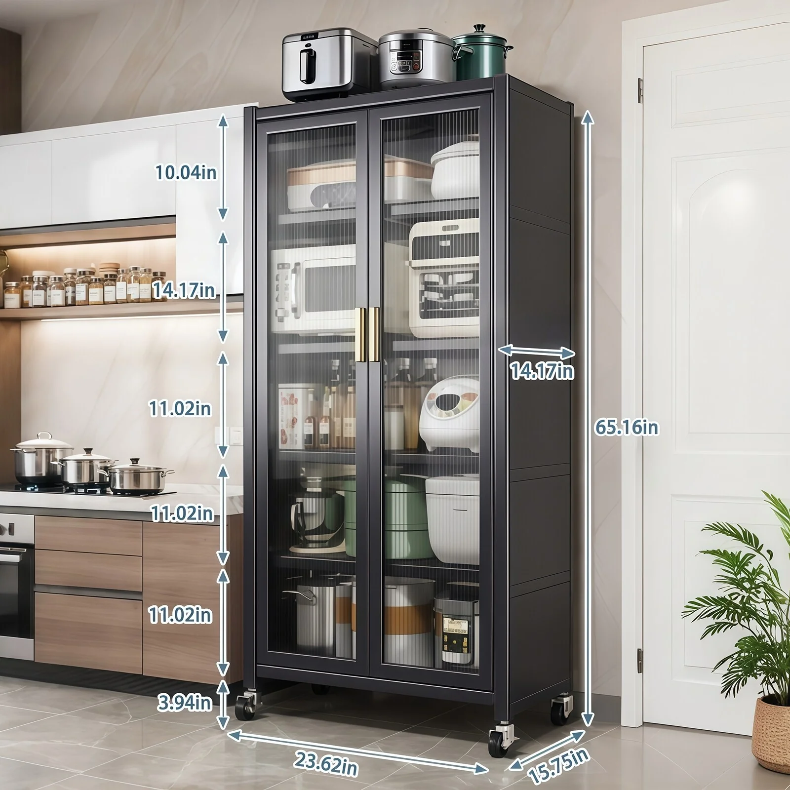 65 Kitchen Pantry Storage Cabinet, 6 Tier Metal Display Storage Cabinet with Door, Adjustable Shelves & Wheels