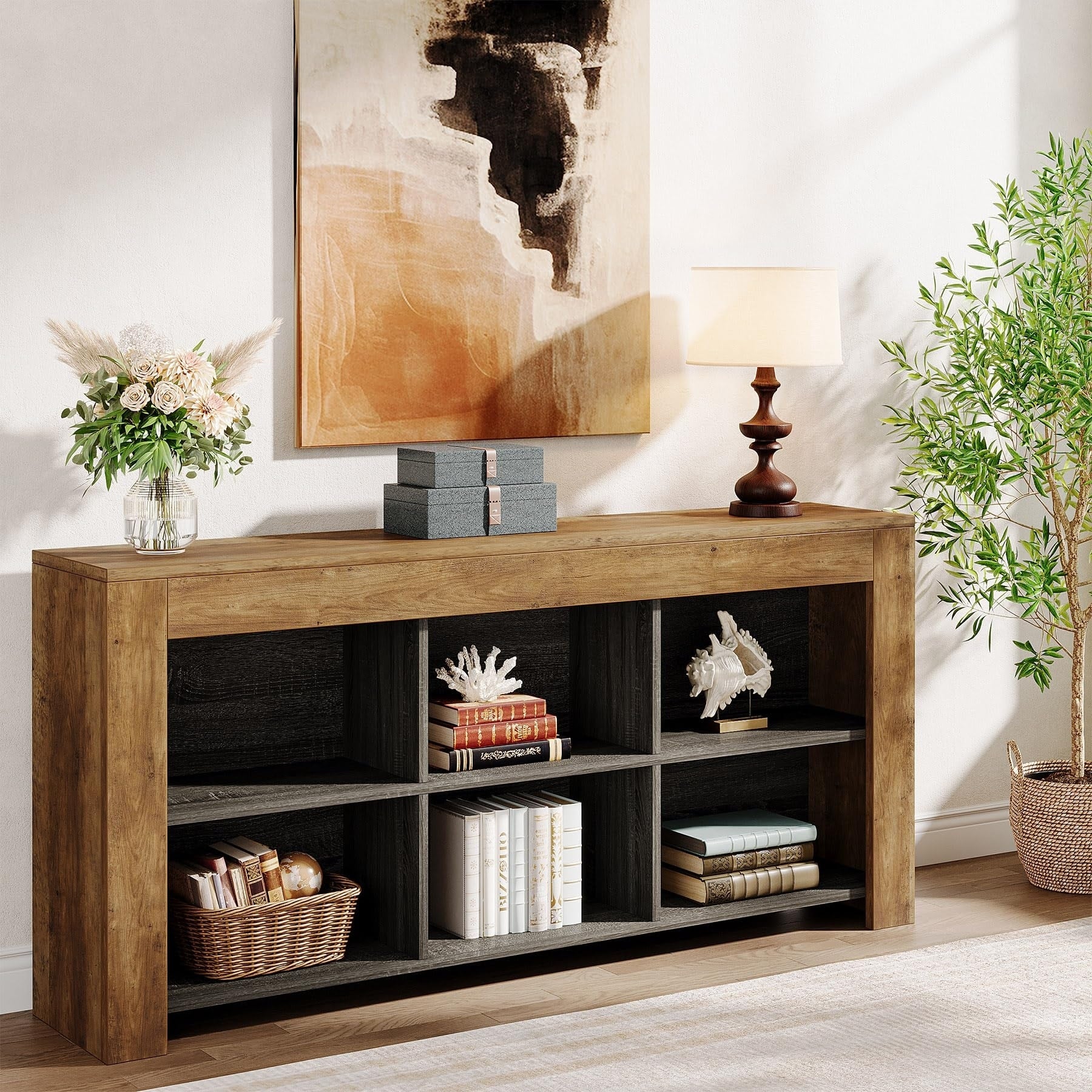 Horizontal Bookcase with 6 Cubes , Rustic Wood Bookshelf