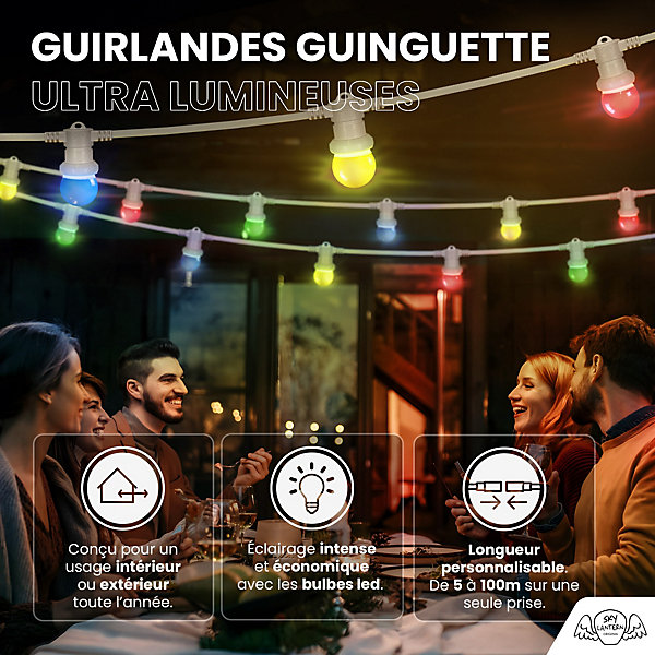 Kit Guirlande Guinguette 50m IP 65Multicolore Cable Blanc